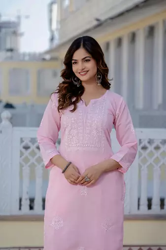 Light pink embroidered straight kurta with trouser