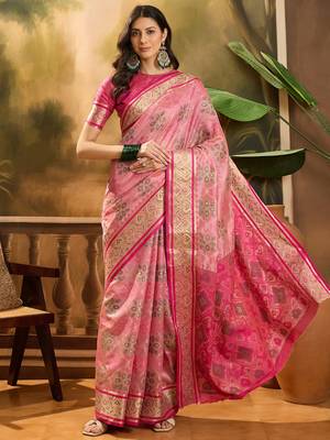 Women's pink organza zari woven saree with unstitched blouse piece 2