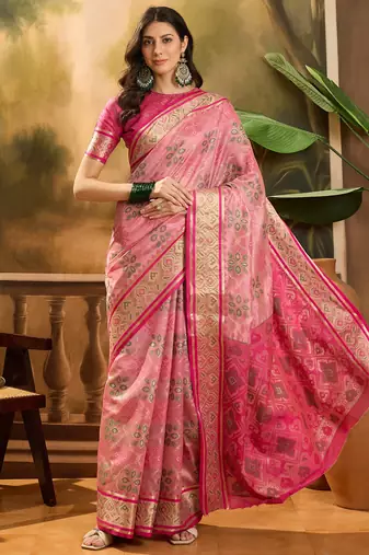 Women's pink organza zari woven saree with unstitched blouse piece