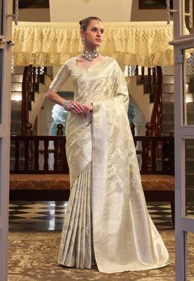 off white satin silk blend saree with unstitched blouse 1