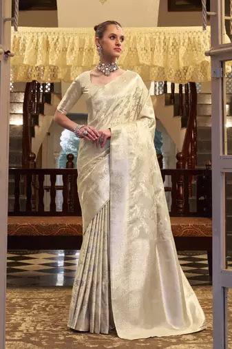 off white satin silk blend saree with unstitched blouse