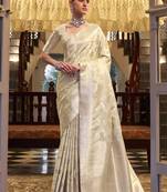 off white satin silk blend saree with unstitched blouse