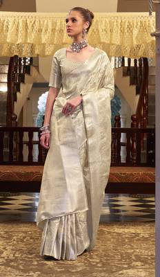 off white satin silk blend saree with unstitched blouse 2