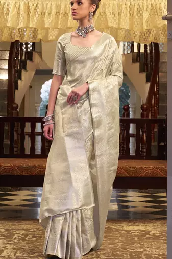 off white satin silk blend saree with unstitched blouse