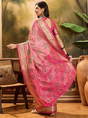 Women's pink organza zari woven saree with unstitched blouse piece 3