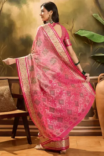 Women's pink organza zari woven saree with unstitched blouse piece