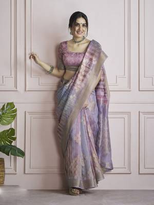 lavender khadi silk blend saree with unstitched blouse 4