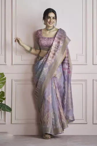 lavender khadi silk blend saree with unstitched blouse