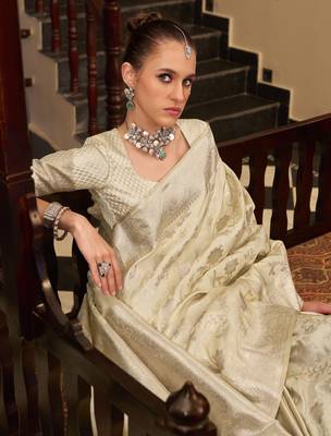 off white satin silk blend saree with unstitched blouse 3