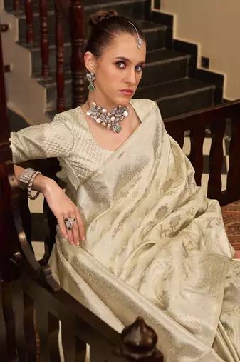 off white satin silk blend saree with unstitched blouse