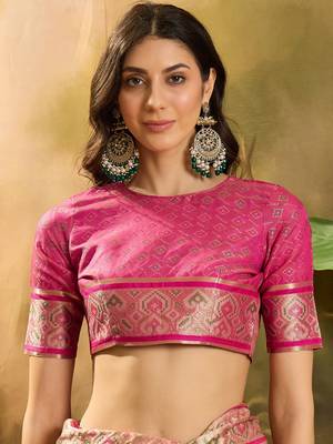 Women's pink organza zari woven saree with unstitched blouse piece 4