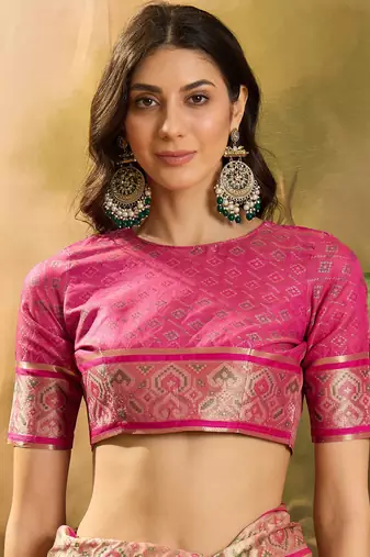Women's pink organza zari woven saree with unstitched blouse piece