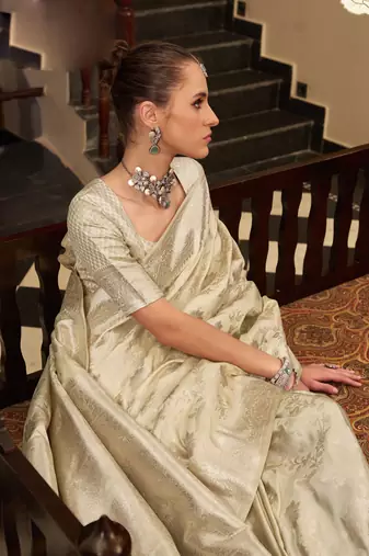 off white satin silk blend saree with unstitched blouse
