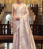 lavender satin silk blend saree with unstitched blouse