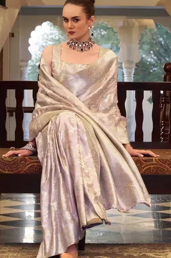 lavender satin silk blend saree with unstitched blouse