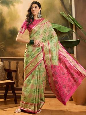 Women's pista organza zari woven saree with unstitched blouse piece 2