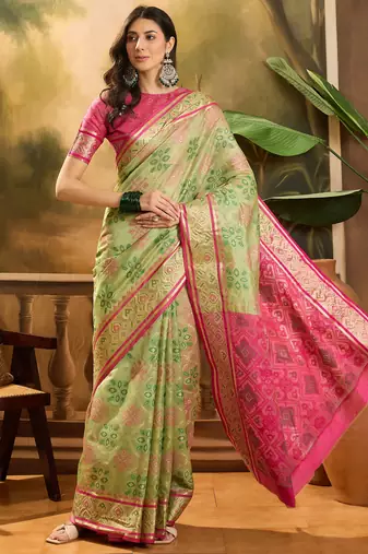 Women's pista organza zari woven saree with unstitched blouse piece