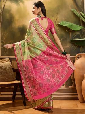 Women's pista organza zari woven saree with unstitched blouse piece 3