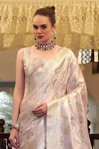 lavender satin silk blend saree with unstitched blouse