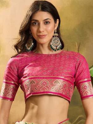 Women's pista organza zari woven saree with unstitched blouse piece 4