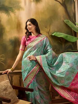 Women's sky organza zari woven saree with unstitched blouse piece 1
