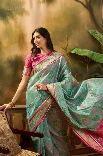 Women's sky organza zari woven saree with unstitched blouse piece