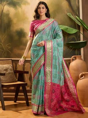 Women's sky organza zari woven saree with unstitched blouse piece 2