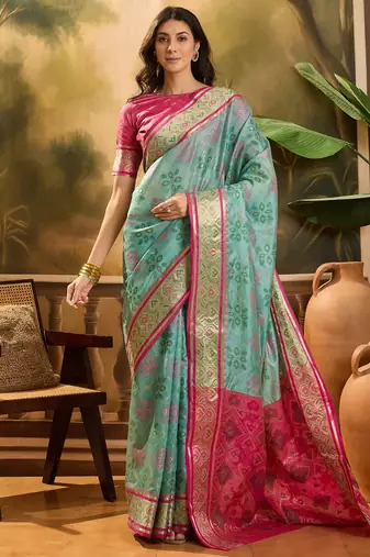 Women's sky organza zari woven saree with unstitched blouse piece