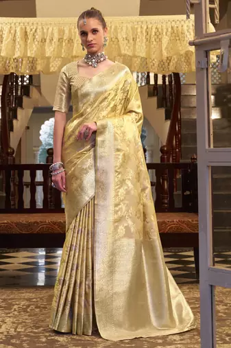 gold satin silk blend saree with unstitched blouse