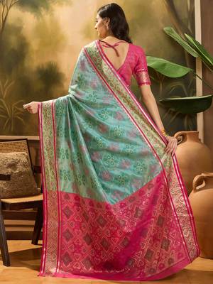Women's sky organza zari woven saree with unstitched blouse piece 3