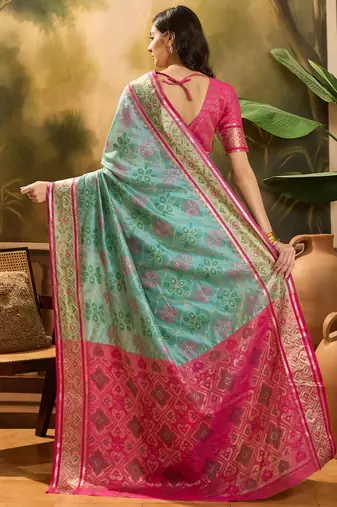 Women's sky organza zari woven saree with unstitched blouse piece
