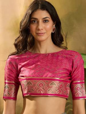 Women's sky organza zari woven saree with unstitched blouse piece 4