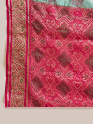 Women's sky organza zari woven saree with unstitched blouse piece 5