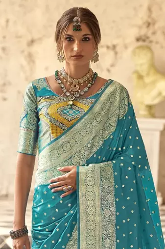 blue soft silk blend saree with unstitched blouse