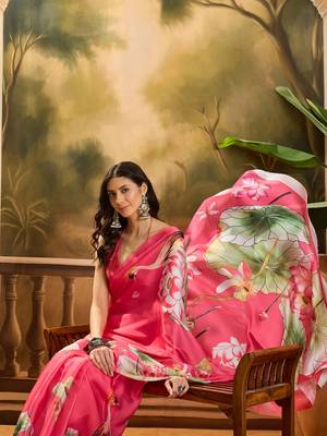 Women's gajari satin georgette printed saree with unstitched blouse piece 1