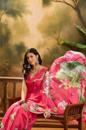 Women's gajari satin georgette printed saree with unstitched blouse piece