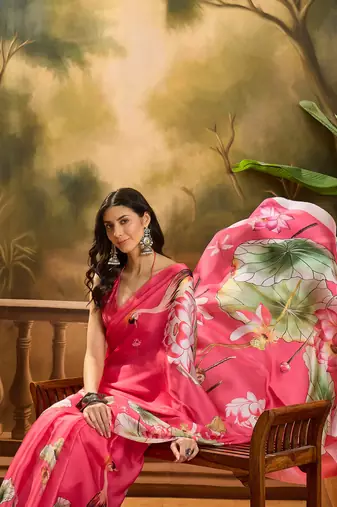 Women's gajari satin georgette printed saree with unstitched blouse piece
