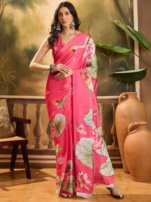 Women's gajari satin georgette printed saree with unstitched blouse piece 2