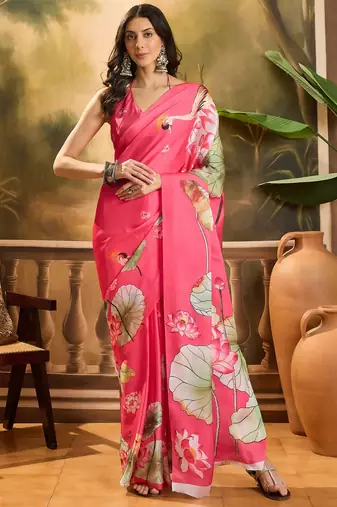 Women's gajari satin georgette printed saree with unstitched blouse piece