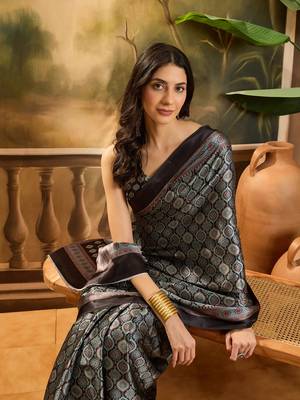 Women's black satin printed saree with unstitched blouse piece 1