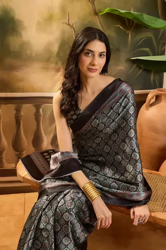 Women's black satin printed saree with unstitched blouse piece