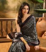 Women's black satin printed saree with unstitched blouse piece
