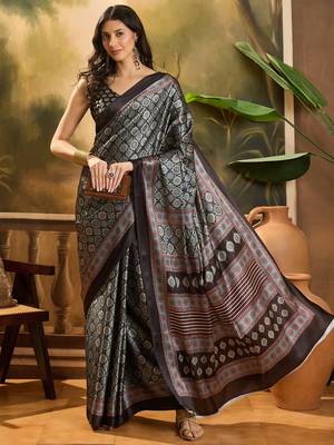 Women's black satin printed saree with unstitched blouse piece 2