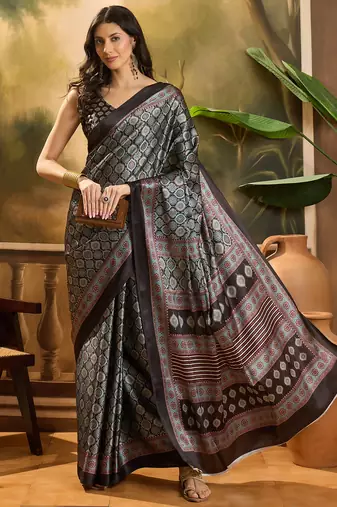 Women's black satin printed saree with unstitched blouse piece