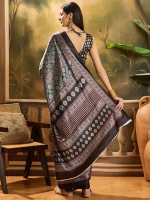 Women's black satin printed saree with unstitched blouse piece 3