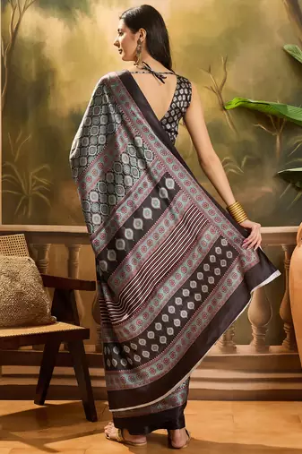 Women's black satin printed saree with unstitched blouse piece