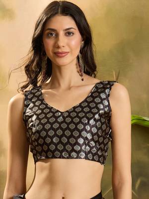 Women's black satin printed saree with unstitched blouse piece 4