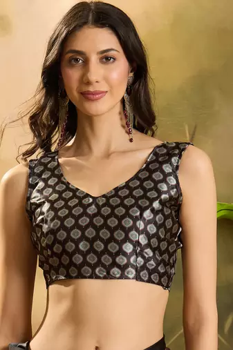 Women's black satin printed saree with unstitched blouse piece