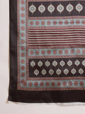 Women's black satin printed saree with unstitched blouse piece 5
