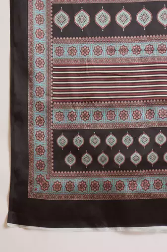 Women's black satin printed saree with unstitched blouse piece